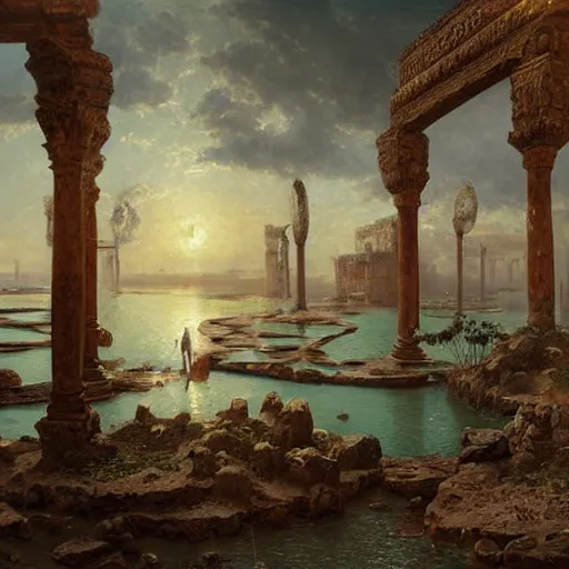 Image similar to detailed painting of a multiverse gateway in ancient mesopotamia in the middle of a sulphur lake, filigree ornaments, andreas achenbach, simon stalenhag