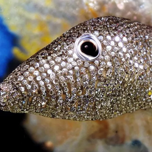 Image similar to A diamond encrusted killer fish with jeweled teeth, very scary