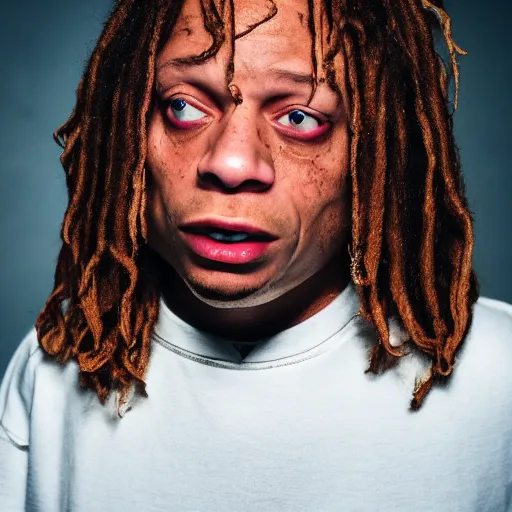 Image similar to a cinematic film still of Trippie Redd starring in The Shining, portrait, 40mm lens, shallow depth of field, close up, split lighting, cinematic