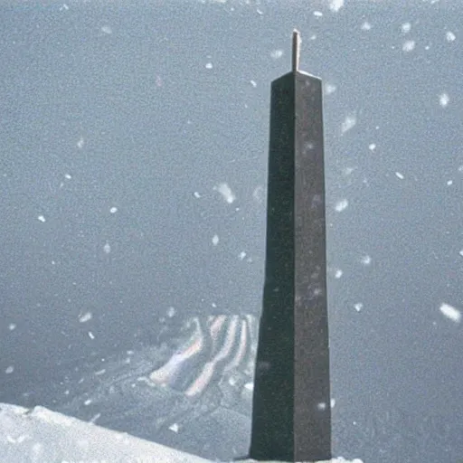 Prompt: hundreds of incredibly tall obsidian obelisks floating in the sky in a snowstorm vhs footage