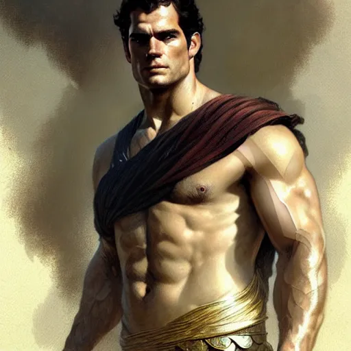 Image similar to Henry Cavill as a Greek god, gorgeous, amazing, muscular, intricate, highly detailed, digital painting, artstation, concept art, sharp focus, illustration, art by greg rutkowski and alphonse mucha