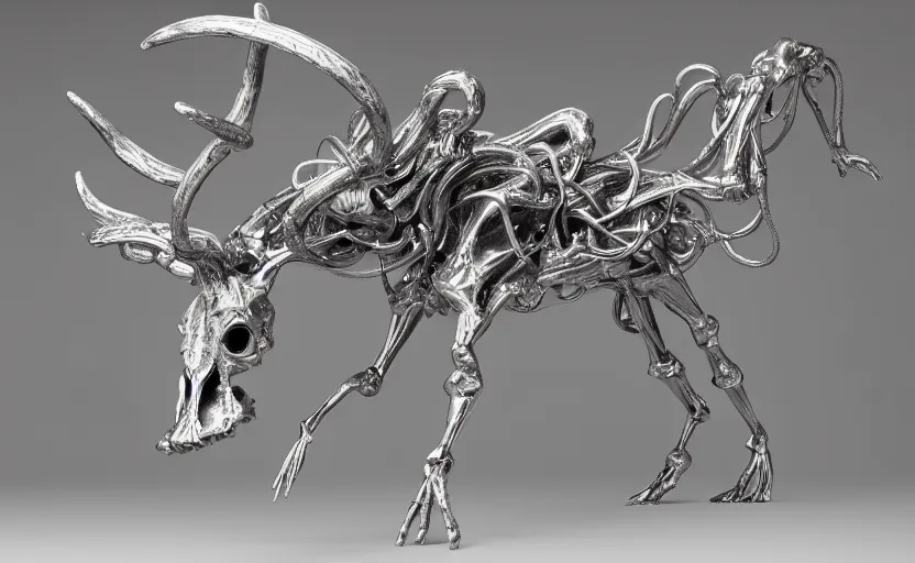 Image similar to stylized shiny polished silver statue full body extra limbs bizarre cosmic horror quadruped animal deer skull four legs made of marble of slug creature tendrils, perfect symmetrical body, perfect symmetrical face, hyper realistic, hyper detailed, by johannen voss, by michelangelo, octane render, blender, 8 k, displayed in pure white studio room