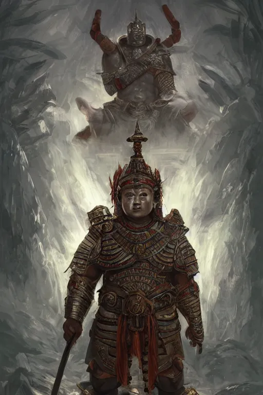 Image similar to Huge tribal oriental warrior in armor and in praying buddha position, portrait, woodlands, magic the gathering artwork, D&D, fantasy, cinematic lighting, centered, symmetrical, highly detailed, digital painting, artstation, concept art, smooth, sharp focus, illustration, volumetric lighting, epic Composition, 8k, art by Akihiko Yoshida and Greg Rutkowski and Craig Mullins, oil painting, cgsociety