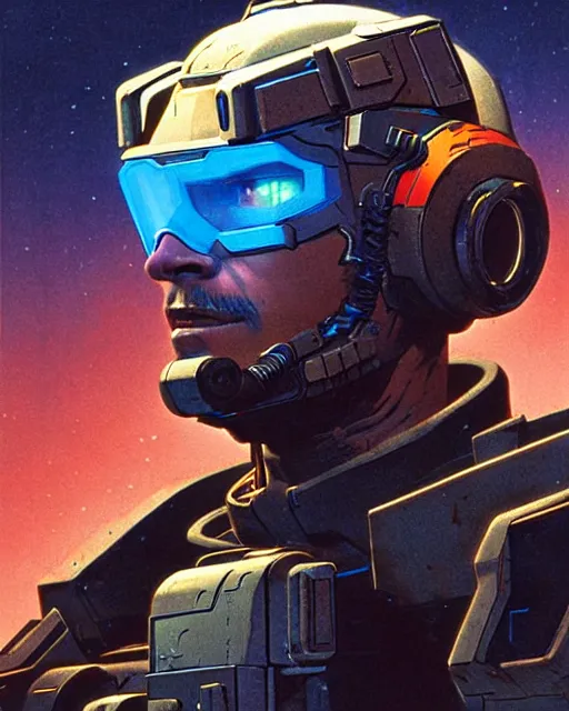 Image similar to soldier 7 6 from overwatch, character portrait, portrait, close up, concept art, intricate details, highly detailed, vintage sci - fi poster, retro future, in the style of chris foss, rodger dean, moebius, michael whelan, and gustave dore