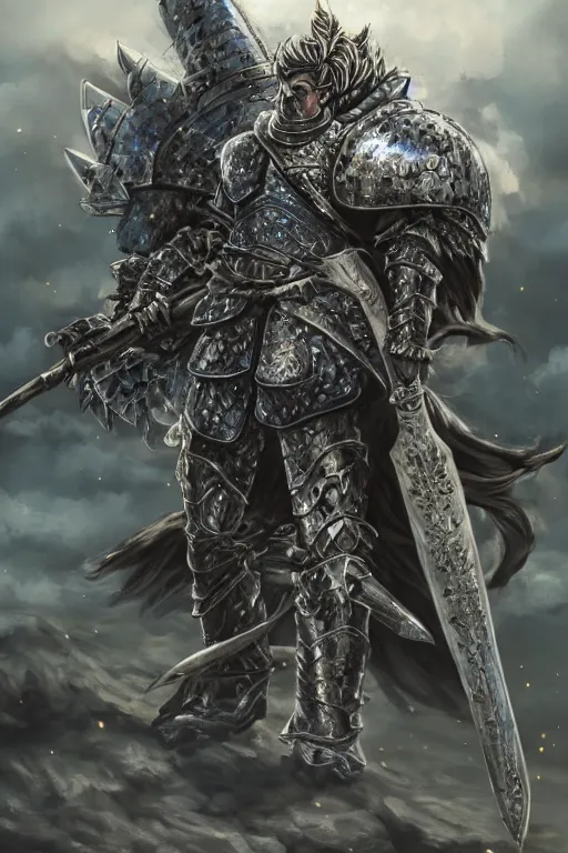 Image similar to a full body shot of an azure knight warrior by Kentaro Miura, Wolf themed armour, colored by Ronda Pattison, heavy armor, kingdom under fire in the background, dark colors, highly detailed, trending on artstation, CGsociety, exquisite detail, post-processing, masterpiece, volumetric lighting, cinematic, hypermaximalistic, high details, cinematic, 8k resolution, beautiful detailed, insanely intricate details