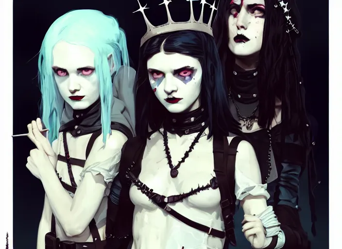 Image similar to portrait of two cute goth maiden girls with crown of thorns and white short hairs, dressed in leather belts, warhammer, cyberpunk, by atey ghailan, by greg rutkowski, by greg tocchini, by james gilleard, by joe gb fenton, by kaethe butcher, dynamic lighting, gradient light blue, brown, blonde cream and white color in scheme, grunge aesthetic