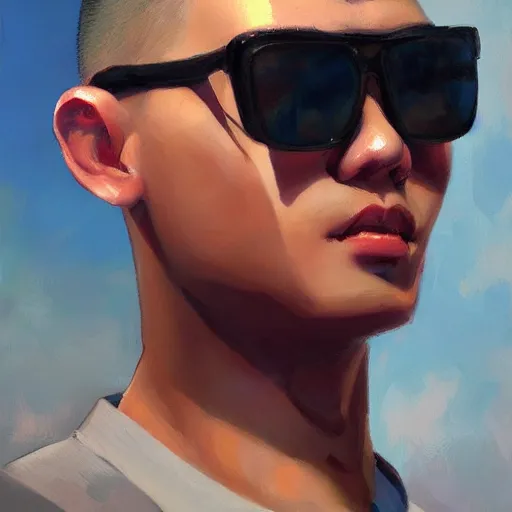 Prompt: chinese boy wearing shades with buzzcut, oil painting, artgerm, portrait, highly detailed, artstation