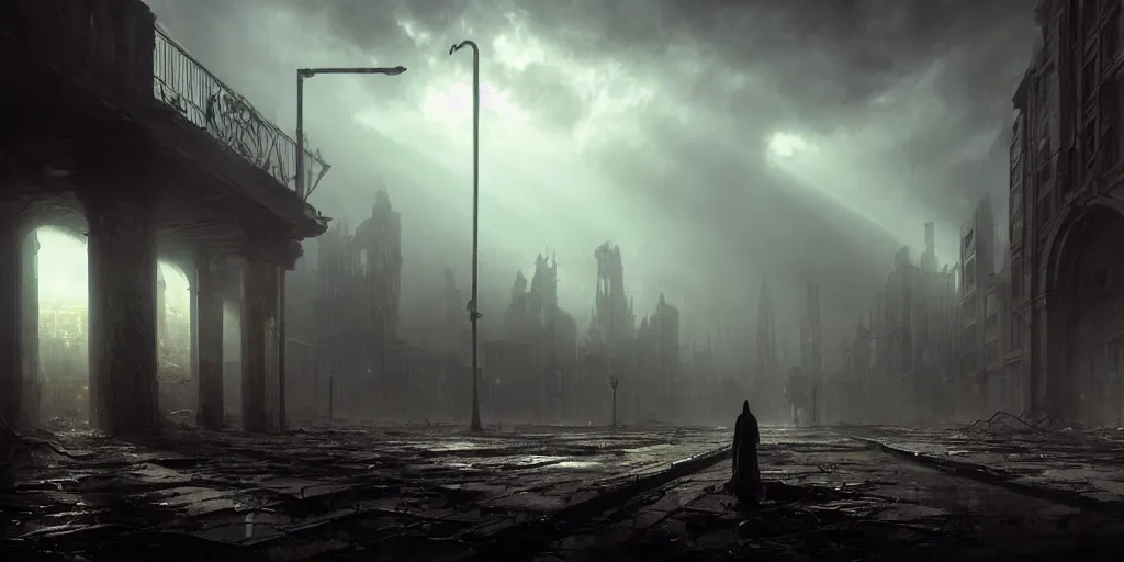 Image similar to an eerie decayed city, sad, loneliness, god rays, digital art, landscape, fantasy art, octane render, ureal engine, high detail, very realistic, by greg rutkowski. by james gurney