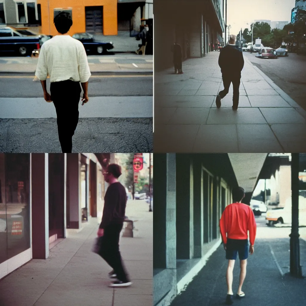 Prompt: 80s accidental analog photography of a random unknown man in casual clothes walking on the sidewalk portra 800