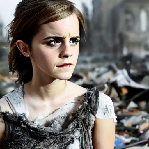 Image similar to concerned and tired emma watson in shredded and destroyed dirty clothes rags, in the ruins of civilization after the apocalypse, hd photo, high detail, shallow depth of field