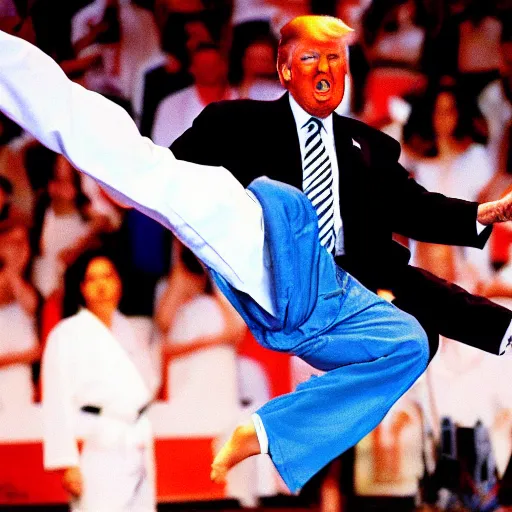 Image similar to donald trump as the karate kid, karate kid crane kick