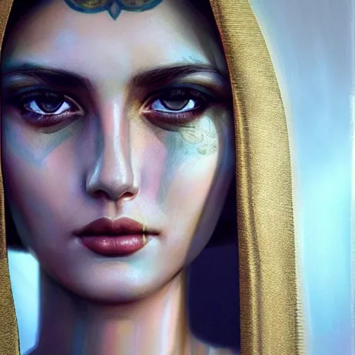 Image similar to high-quality beautifully done centered portrait of a pretty female from an Ancient Egypt::trending on artstation, featured on behance::art by Artgerm and Alessio Albi and Heather Theurer::natural lighting, identical eyes, beautiful eyes medium shot, slender symmetrical face and body, hyper-detailed, single face, insanely detailed and intricate, 4K, 8K