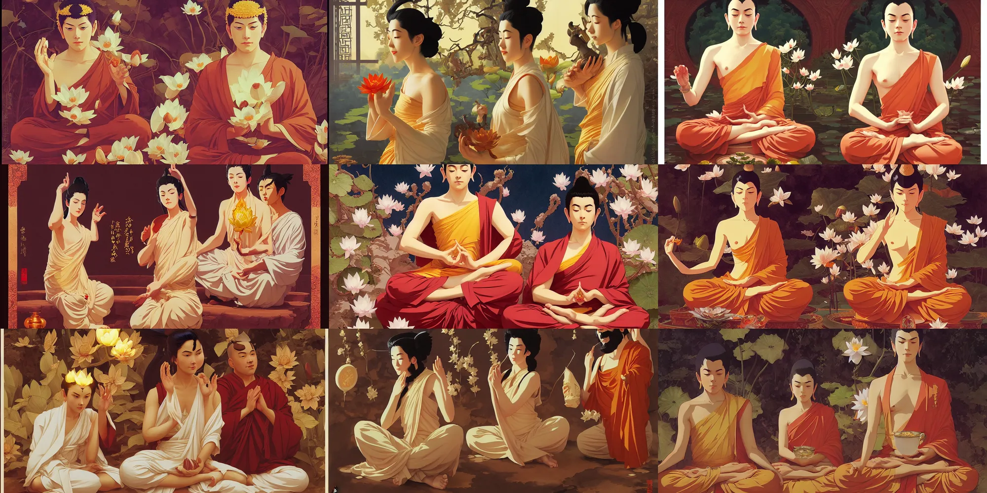Prompt: buddhism, lotus, in the style of studio ghibli, j. c. leyendecker, greg rutkowski, artem