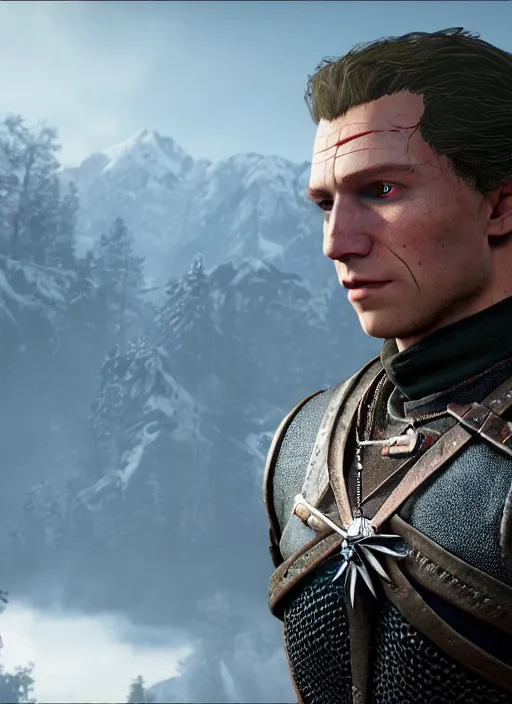 Image similar to Tom Holland in The Witcher 3, gameplay, 8k, HD