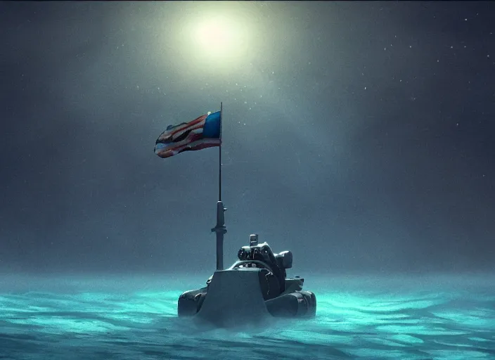 Image similar to astronaut holding a flag in an underwater desert. a submarine is visible in the distance. dark, concept art, cinematic, dramatic, atmospheric, 8 k, trending on artstation, blue, fish, low visibility, fog, ocean floor, christopher nolan, interstellar