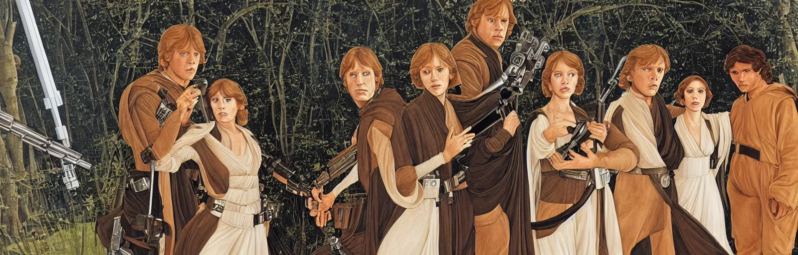 Image similar to luke skywalker, princess leia and han solo in return of the jedi, by sandro botticelli
