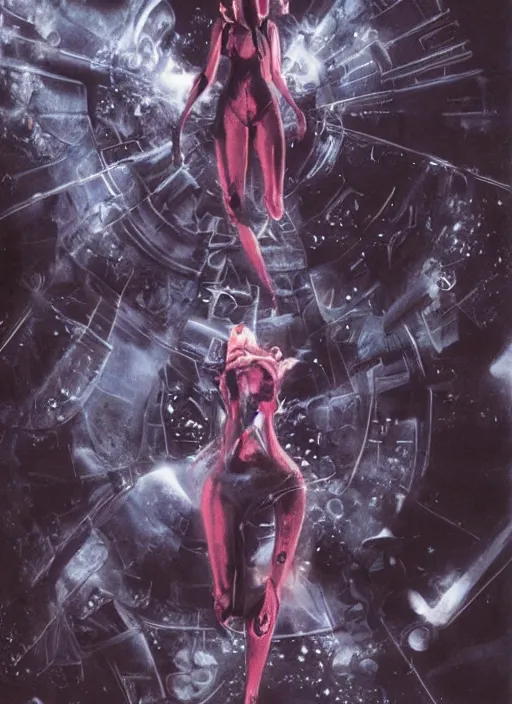 Image similar to astronauts girls in dark void underwater - complex and hyperdetailed technical suit design. reflection and dispersion materials. rays and dispersion of light. volumetric light. f / 3 2. noise film photo. flash photography. ultra realistic, wide angle. poster by wayne barlowe, hajime sorayama aaron horkey, craig mullins