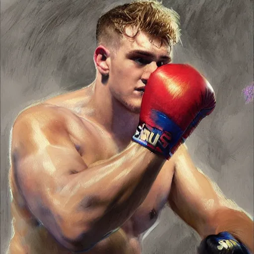 Prompt: a beautiful painting of ksi fist - fighting jake paul in a boxing ring, rendered art, highly detailed painting by gaston bussiere, craig mullins, j. c. leyendecker 8 k, trending on artstation, art, fighting, watercolor