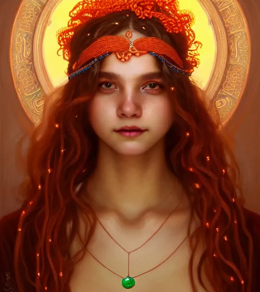 Image similar to portrait of teenage medusa, snake hair, naughty smile, wearing an embroidered orange tunic, intricate, sensual, sultry, elegant, copper and emerald jewelry, glowing lights, seductive, highly detailed, digital painting, artstation, concept art, smooth, sharp focus, illustration, art by wlop, mucha, artgerm, and greg rutkowski