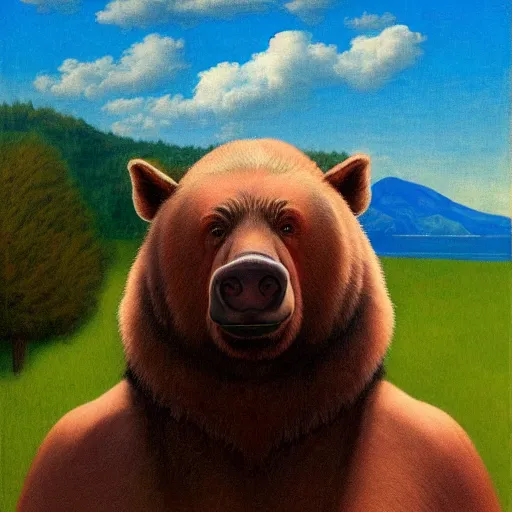 Image similar to a man-bear-pig-hybrid by Raphael, Hopper, and Rene Magritte. detailed, romantic, enchanting, trending on artstation.