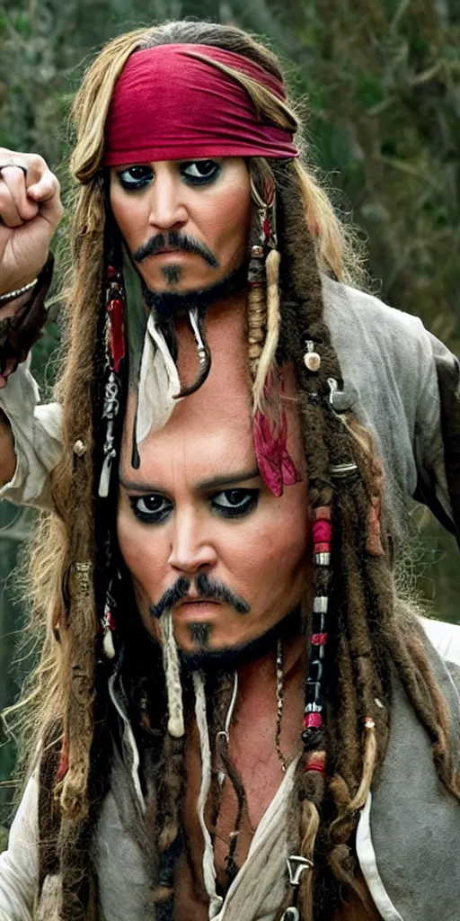 Prompt: a still from Jennifer Laurence playing Jack Sparrow in her new movie, cinematic feel