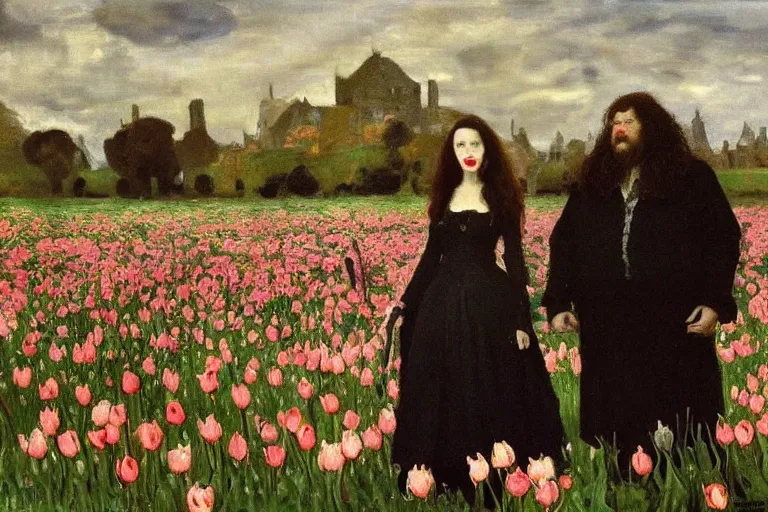 Prompt: hagrid the viking and morticia addams kiss in a field of tulips, masterpiece, highly detailed, oil on canvas, art by walter sickert, john singer sargent, and william open