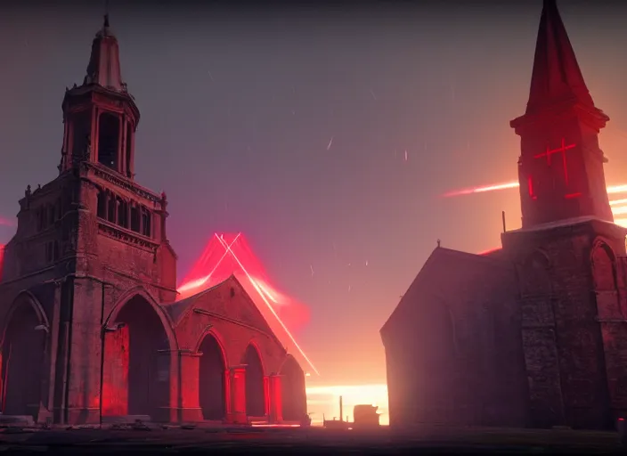 Image similar to ancient church with red shafts of light in destiny 2, foggy, liminal, dark, dystopian, beautiful architecture, abandoned, highly detailed 4 k 6 0 fps in - game destiny 2 gameplay screenshot leak