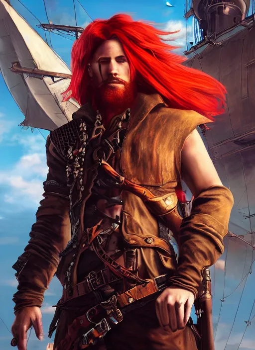 Image similar to an epic fantasy comic book style portrait painting of a long haired, red headed male sky - pirate in front of an airship, unreal 5, daz, hyperrealistic, octane render, cosplay, rpg portrait, dynamic lighting, in the style of final fantasy