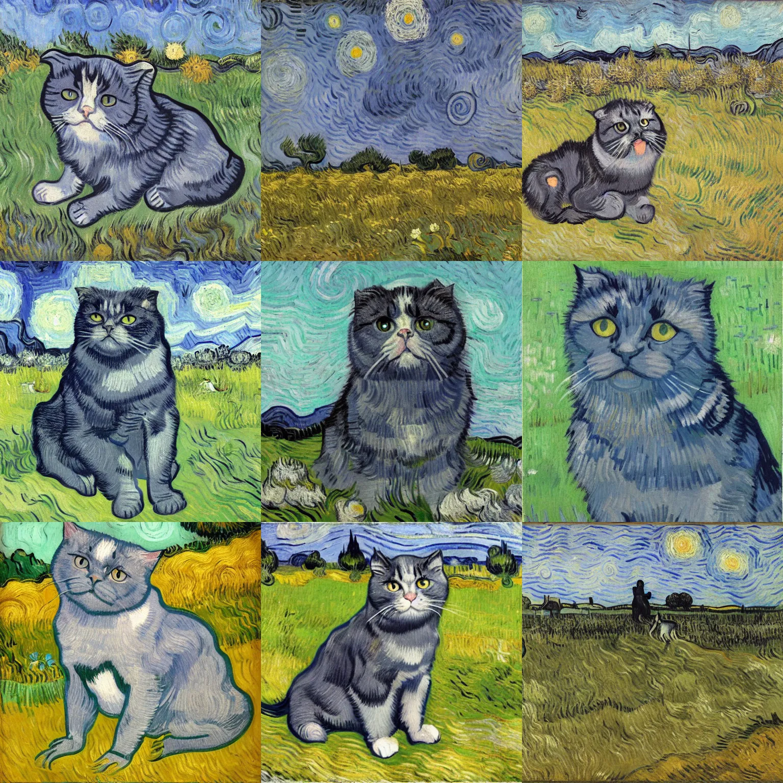 Prompt: a dark gray scottish fold sitting in the middle of sunny meadow, by vincent van gogh