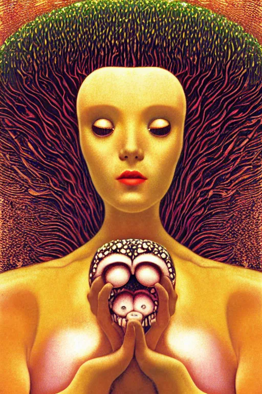 Prompt: art deco close up portait of mushroom head with big mouth surrounded by spheres, rain like a dream digital render curvalinear clothing dramatic fluid lines otherworldly vaporwave interesting details epic composition by artgerm moebius francis bacon gustav klimt