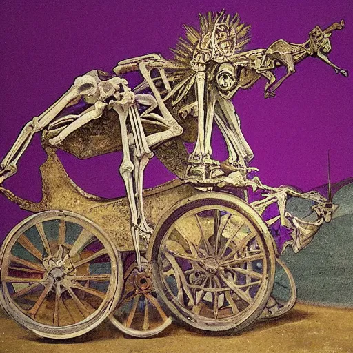 Image similar to the collage features a human figure driving a chariot. the figure is skeletal and frail, with a large head and eyes. the chariot is pulled by two animals, which are also skeletal and frail. pastel violet by antoni gaudi daring