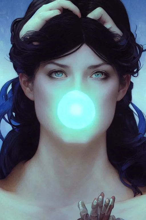 Image similar to bright cube above a portrait of a beautiful dark mystical woman, ice blue eyes, artstation, concept art, smooth, sharp focus, illustration, art by artgerm and greg rutkowski and alphonse mucha and william - adolphe bouguereau