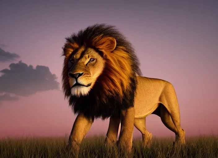 Prompt: a full body shot, detailed photograph of a lion, ( ( a little coloured bird ) ), beautiful low evening lights, savana distant background ( ( ( baobab ) ) ), volumetric evening lights, photorealism, hasselblade shot, 4 5 mm, by franz lanting