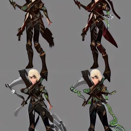 Prompt: character outfit concept of fantasy female elf ranger, trending on artstation, highly detailed, multiple views