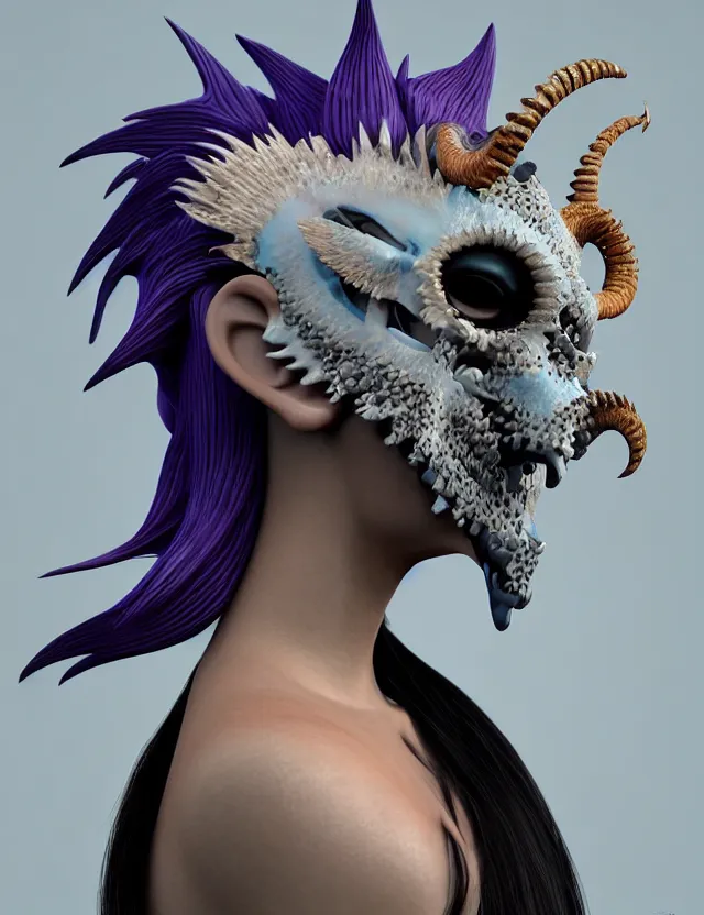 Image similar to 3 d goddess close - up profile simple portrait punk with mohawk with goat skull. beautiful intricately detailed japanese crow kitsune mask and clasical japanese kimono. betta fish, jellyfish phoenix, bio luminescent, plasma, ice, water, wind, creature, artwork by tooth wu and wlop and beeple and greg rutkowski