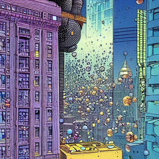 Image similar to alien bubbles floating in a city of lights, people from buildings trying to jump on the bubbles, comic book panel, by moebius