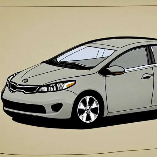 Image similar to leonardo de vincis detailed schematics of a kia forte, drawn