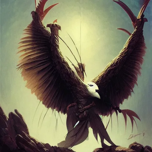 Image similar to quarter length vogue photo portrait of a male aarakocra anthropomorphic eagle, d & d, fantasy, greg rutkowski, frank frazetta, alexandre chaudret, boris vallejo, michael whelan, miro petrov, hr giger, magali villeneuve, donato giancola