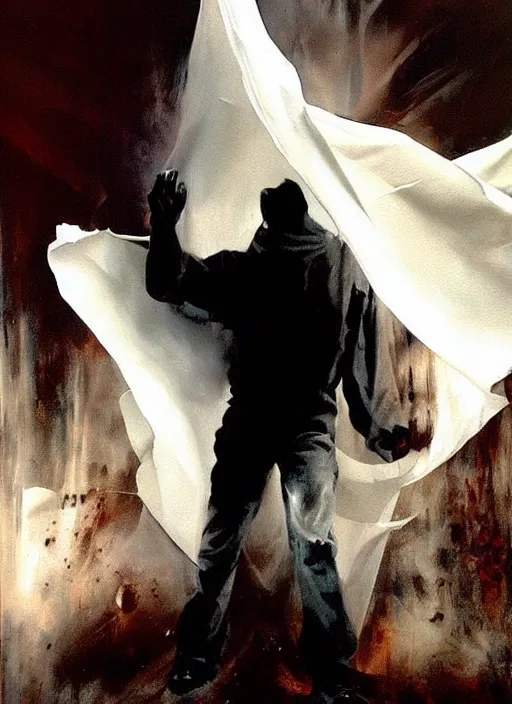 Prompt: zak bagans fighting a ghost, waving white sheet, enraged, painting by phil hale, 'action lines'!!!, graphic style, visible brushstrokes, motion blur, blurry