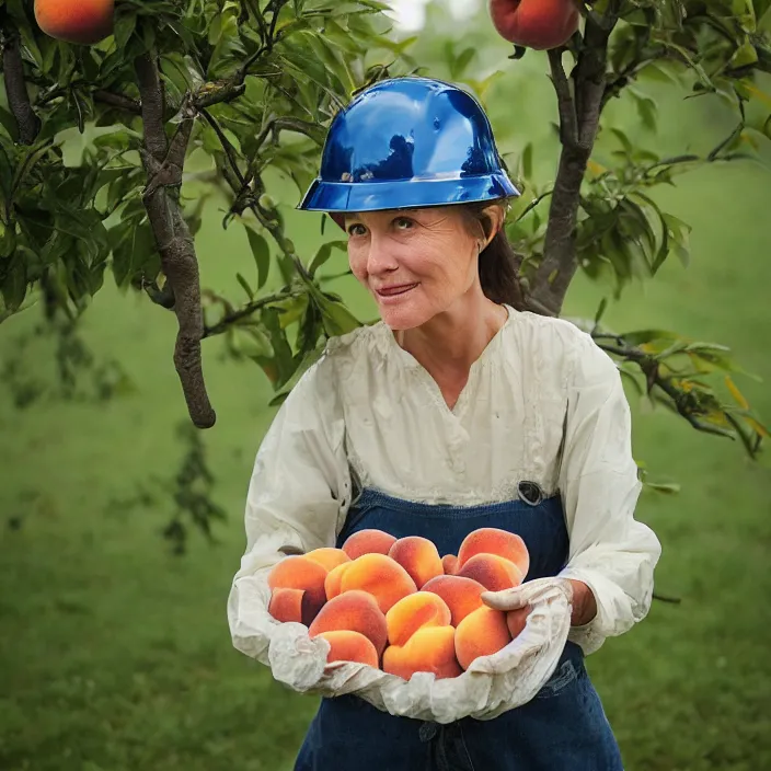 Image similar to a closeup portrait of a woman wearing a helmet made of plastic and mylar, picking peaches from a tree in an orchard, foggy, moody, photograph, by vincent desiderio, canon eos c 3 0 0, ƒ 1. 8, 3 5 mm, 8 k, medium - format print