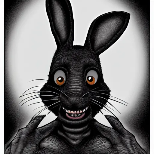 Image similar to A extremely highly detailed majestic hi-res beautiful, highly detailed head and shoulders portrait of a scary terrifying, horrifying, creepy black cartoon rabbit with scary big eyes, earing a shirt laughing, hey buddy, let's be friends, in the style of Walt Disney