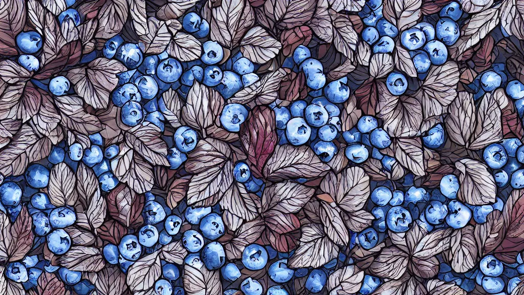 Prompt: artistic medium close-up of stylized digital drawing of bushes with blueberries in a forest. Digital art. Rustic. Nordic. 4K. Trending on artstation. Leafy. Extremely detailed. Nature. Artistic. Wild.