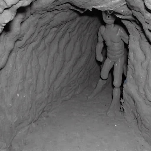 Image similar to found footage of a humanoid made of clay emerging from a wall inside of a cave made of clay, creepy, flash photography, unsettling, moist, low quality