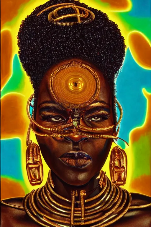 Image similar to detailed portrait of a beautiful African female with face augmentations, strong neon lighting, Afrofuturism, extravagant mechanical gold jewelry, by glenn fabry, hyper realistic, HD, oil on canvas