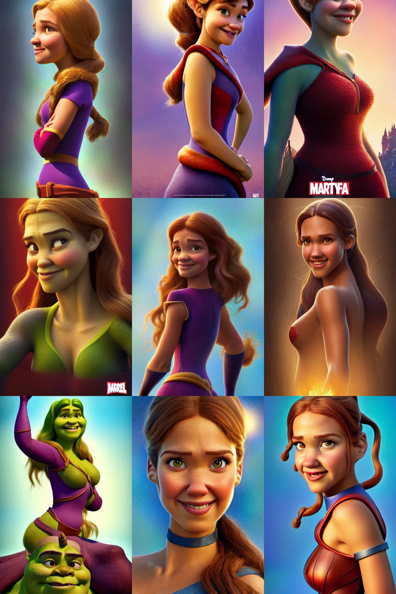 Prompt: disney pixar weta movie poster portrait photo : : of jessica alba as marvel hero ( shrek girl ) : : octane render, artstation, soft, decadent, lustrous, alluring, polished, by mucha, artgerm, wlop, loish, beeple, concept art, fantasy, soft, smooth, sharp focus, illustration,