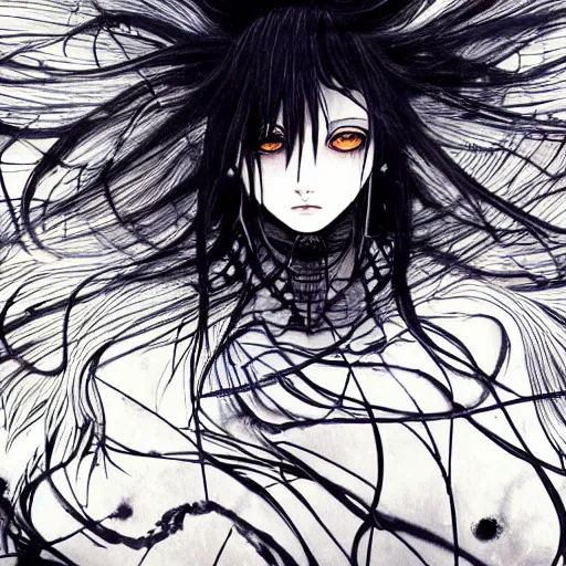 Prompt: Yoshitaka Amano blurred and dreamy illustration of an anime girl with black eyes, wavy white hair fluttering in the wind and cracks on her face wearing elden ring spiky armor, abstract black and white patterns on the background, noisy film grain effect, highly detailed, Renaissance oil painting, weird portrait angle, evangelion color palette