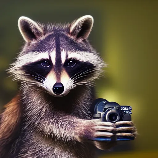 Image similar to a hyperrealistic octane render of a raccoon holding a dslr camera taking a photograph, photorealism, unreal engine, dramatic lighting, volumetric lighting, uplighting