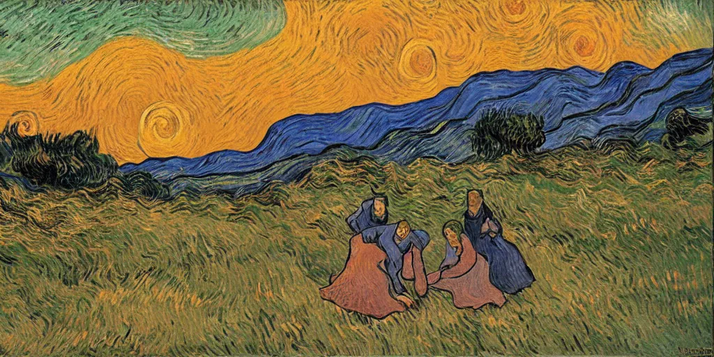 Prompt: three women fall over, sunset, ( ( ( ( ( ( ( ( painted by van gogh ) ) ) ) ) ) ) )