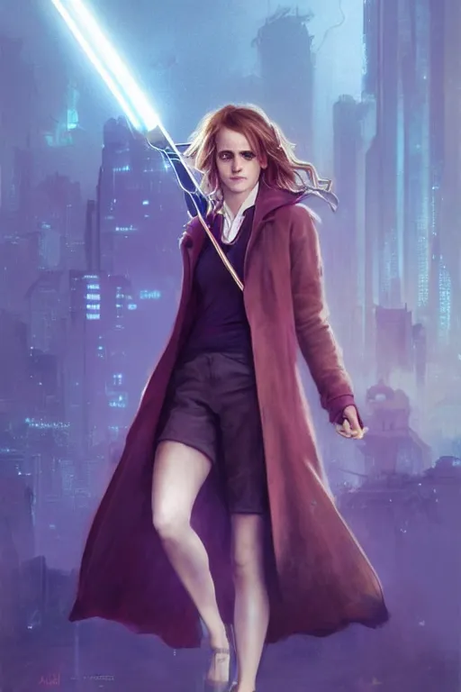 Prompt: portrait of Emma Watson as Hermione Granger in cyberpunk, neon lighting, night city, digital art from artstation by Ruan Jia and Mandy Jurgens and Artgerm and william-adolphe bouguereau and Greg Rutkowski and Wayne Barlowe