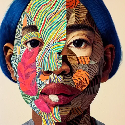 Prompt: a portrait a very ordinary person, by Naomi Okubo, collage, vibrant, detailed, anatomically correct, beautiful perfect face, sharp focus, Highly Detailed